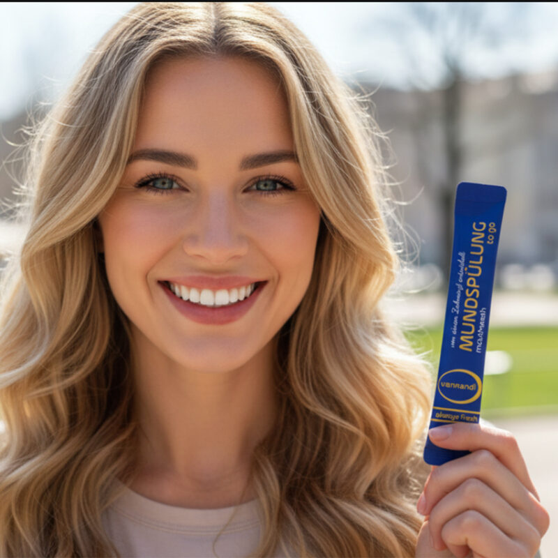 frau mit vannandi mundspülung in der hand